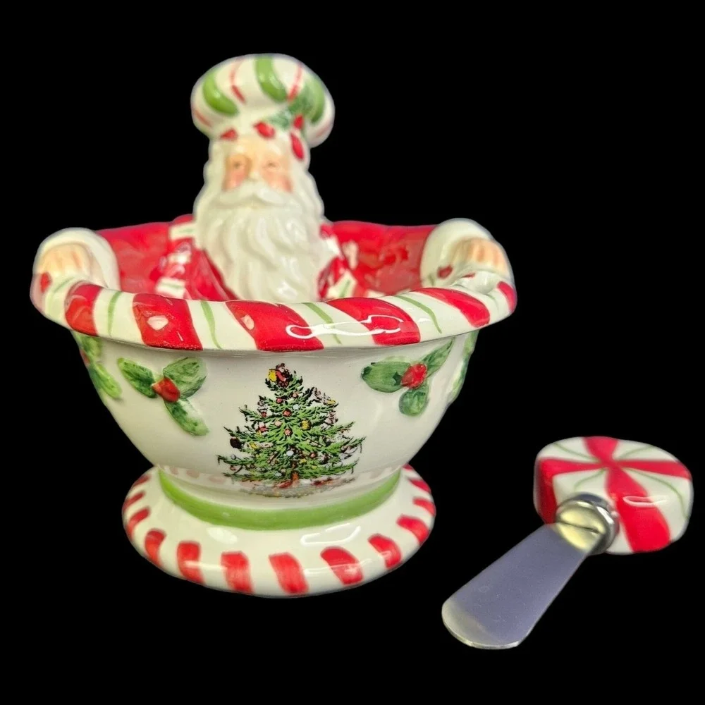 Spode Christmas Tree Peppermint Santa Dip Bowl With‎ Spreader in Gift Box READ